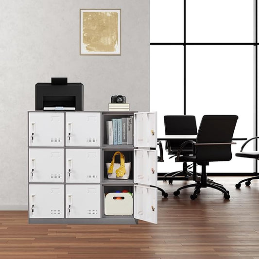 Student Locker Organizer, Multi-Door Steel Locker, Small Locking Cabinet Storage Organizer, Office File Cabinet, Home Locker, Gym Locker, Metal Storage Locker (9 Door, Grey & White)
