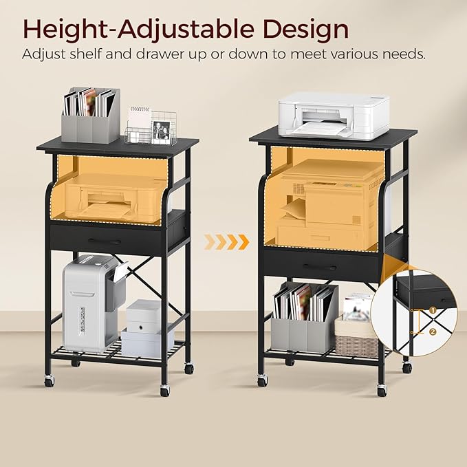 Tall Printer Stand, 3 Tier Printer Cart with Storage, Industrial Printer Table on Wheels, Adjustable Shelf & Fabric Drawer, for Home Office Study Black PTBK5501