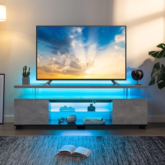 Grey TV Stand, LED TV Stand Modern Entertainment Center for Living Room LED Console Table for TV LED TV Cabinet for 65 inch TV