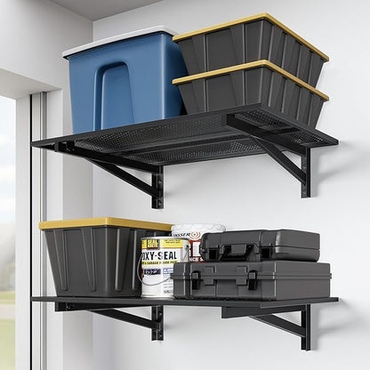 2 Pack Heavy Duty Garage Wall Shelving (2x3ft), 700lbs Capacity Garage Shelving Wall Mounted, 24"x72"Garage Storage Rack Floating Shelves, Black