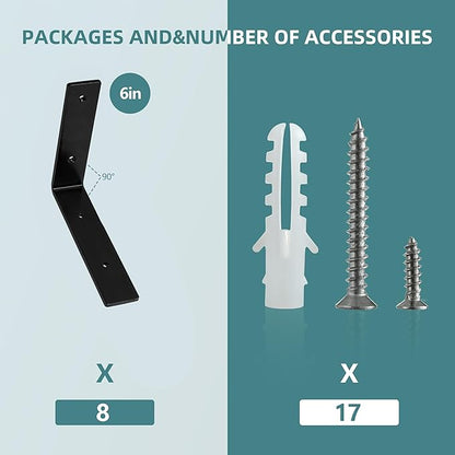 HEART ART 8 Pack Shelf Brackets 6 inch,L Brackets for Shelves,Black Heavy Duty Metal Shelf Brackets,6”x4”x1.4”