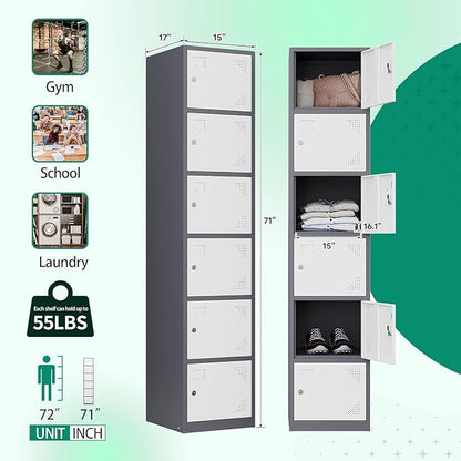Letaya Metal Lockers for Employees,71" Steel Storage Cabinet with 6 Door Lockable for Office Staff,Home,Gym,School (Grey White)