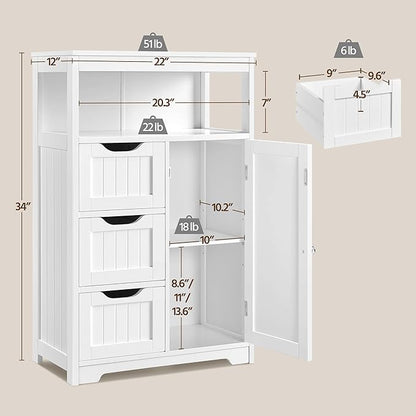 Yaheetech Bathroom Floor Cabinet Wooden Storage Organizer with 1 Door and 3 Drawers, Free-Standing Cupboard for Kitchen/Living Room/Bathroom Use, White