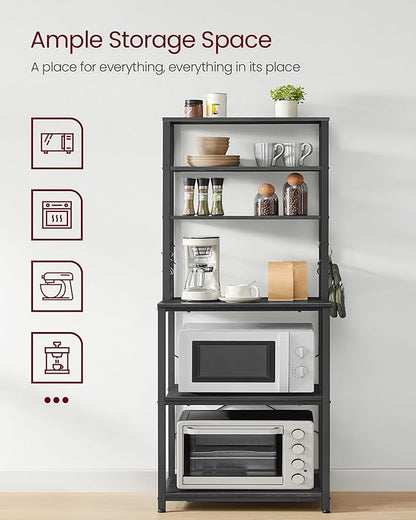 VASAGLE Coffee Bar, 23.6 Inches Baker's Rack for Kitchen with Storage, 6-Tier Kitchen Shelves with 6 Hooks, Microwave Stand, Industrial, Charcoal Gray and Ink Black UKKS024B22