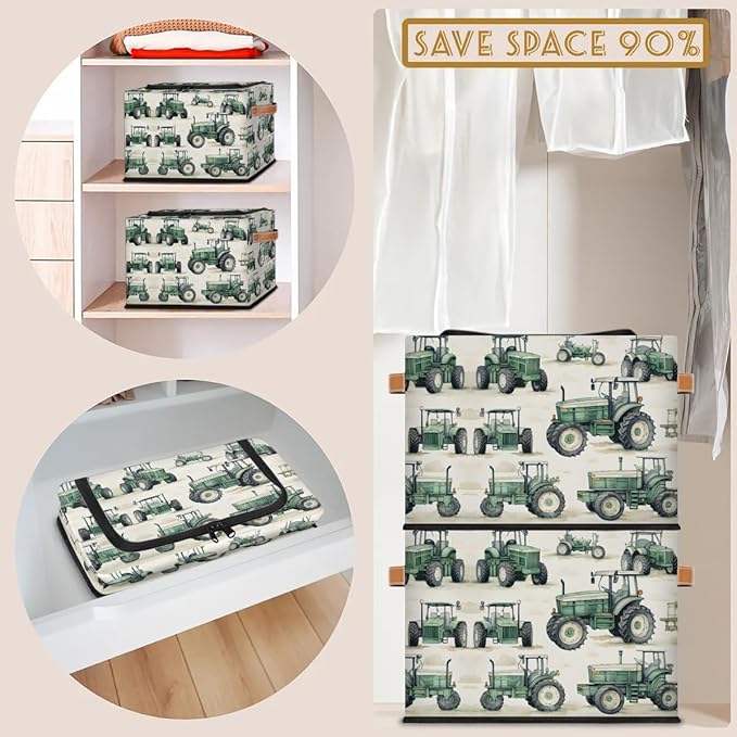 Tractor Truck Storage Bins with Zipper Lid, Collapsible Fabric Storage Basket with Leather Handles Closet Shelf Cloth Organizer Basket for Nursery Bedroom Clothes Toy