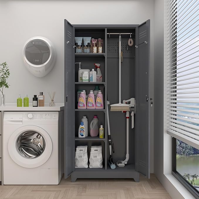 GREATMEET 72.8" H Tall Metal Garage Storage Cabinet for Cleaning Tools, Lockable Double Door Utility Organizer with Pegboard & Tool Hanging Bars, Grey