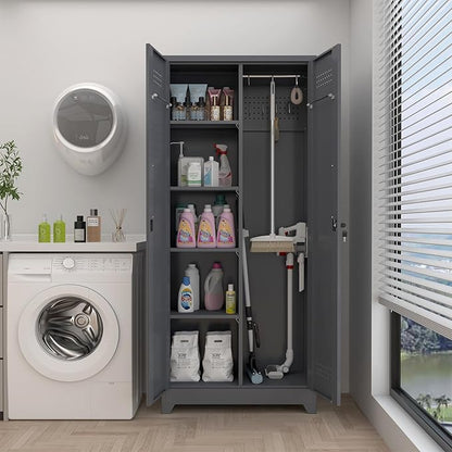 GREATMEET 72.8" H Tall Metal Garage Storage Cabinet for Cleaning Tools, Lockable Double Door Utility Organizer with Pegboard & Tool Hanging Bars, Grey