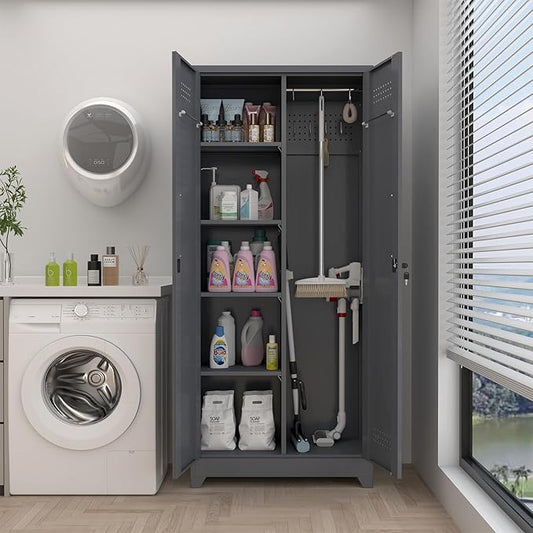 GREATMEET 72.8" H Tall Metal Garage Storage Cabinet for Cleaning Tools, Lockable Double Door Utility Organizer with Pegboard & Tool Hanging Bars, Grey