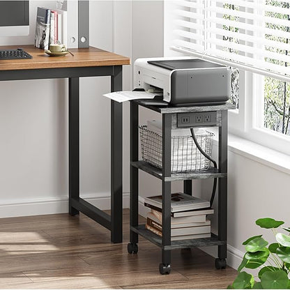TUTOTAK 3 Tier Printer Stand, Rolling Printer Cart with Power Outlets and USB Ports, Mobile Printer Table with Wheels, for Under Desk, Office, Home, Charcoal Grey PS02BY001