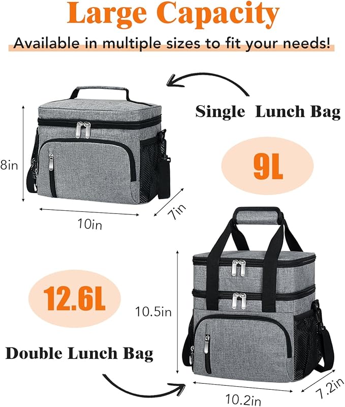 Insulated Lunch Bag for Men & Women, Double Leakproof Lunch Box Soft Cooler Tote with 5 Pockets, 600D Oxford, EVA Lining, Adjustable Strap for Work, Picnic, Beach&Travel-Grey