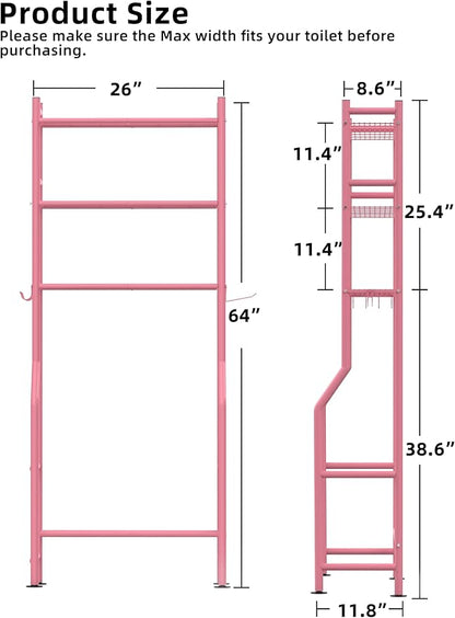 3-Tier Over The Toilet Storage, Freestanding Metal Bathroom Shelves with 4 Hooks, Over Toilet Storage Shelf with Paper Holder, Above The Toilet Shelf for Bathroom Storage, Pink