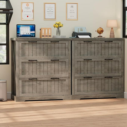 SEDETA 3 Drawer File Cabinet, Farmhouse Filing Cabinet for Home Office, Wood Office File Cabinets for Letter/Legal/A4 Size, Lateral File Cabinets with Printer Stand for Study Room, Living Room (Grey)