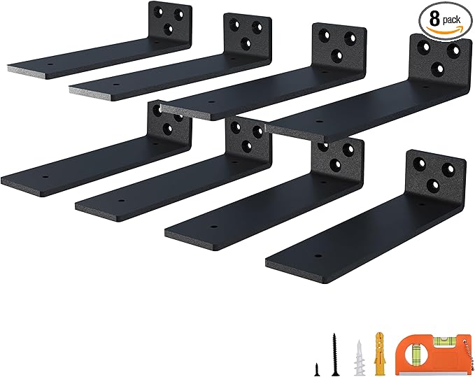 8-Pack 6 Inch Floating Shelf Brackets, Heavy Duty Hidden Shelves Bracket for Small Shelf, Kitchen Shelf, Nursery Shelf, Black Powder Coated Steel