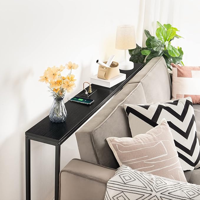 63" Console Table with Power Outlet, Narrow Sofa Table, Industrial Entryway Table with USB Ports, Behind Couch for Entryway, Hallway, Foyer, Living Room, Black CTHB16E01
