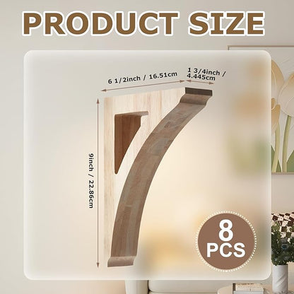 8 Pcs 1 3/4" W x 6 1/2" D x 9" H Traditional Wood Corbels Wooden Shelf Brackets Unfinished Paintable Solid Wooden Bracket for Doorway Countertops Home Shelves Cabinet Furniture Support
