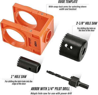 KATA 1-3/8" - 1-3/4" Door Lock Installation Kit with Large Chip-Clearance Slots, Door Lock Hole Saw for Deadbolts and Locksets for Wooden Doors with Guide Template, Carbon Steel, Orange