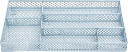 Annova Desk Drawer Organizer/Storage Tray - Metal Mesh with Dividers for Pens, Desktop Accessories, Bathroom, Kitchen, Makeup and Office Supplies (Small, Morandi Blue)