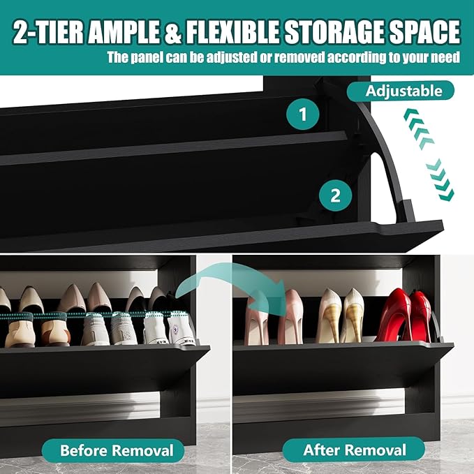 Shoe Storage Cabinet for Entryway with 2 Flip Drawers, Wood Freestanding Hidden Shoe Storage, Sturdy Narrow Slim Shoe Organizer for Front Door Entrance, Living Room, Hallway, Bedroom, Black