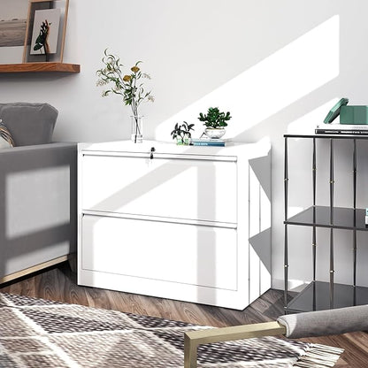 File Cabinets 2 Drawer,Metal Office Storage Filing Cabinet with Lock,White Lateral Filing Cabinet for Home Office,Horizontal Two Drawer File Cabinet for Legal/Letter/A4,Assembly Require,White