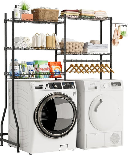 Over Washer and Dryer Shelves,Heavy Duty Laundry Room Storage Organization Clothes Drying Rack,5 Tier Adjustable Height Wire Shelving and Wire Basket with Hanger Rod&Hook,Space Saving Shelf | Heavy Duty, Clothes Drying Rack, Adjustable Height, Hanger R...