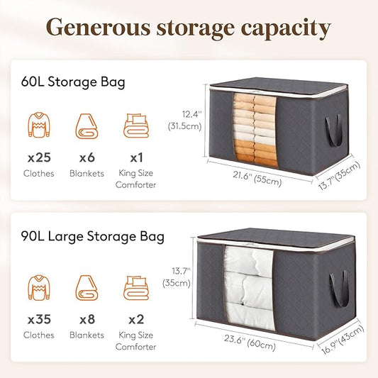 Lifewit 4 Pack 60L Clothes Storage Bins with Lids, Foldable Blanket Storage Bags with Zippers, Clear Window and Reinforced Handles, Closet and Organization for Clothing, Sweater, Comforter, Bedding