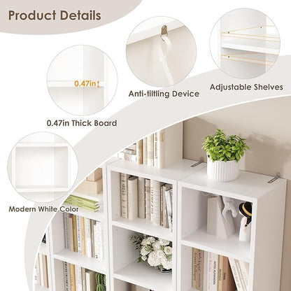 FOTOSOK White Bookshelf 8-Tier Media Tower Rack, 11.6 X 9.3 X 70.9 Inches CD DVD Slim Storage Cabinet with Adjustable Shelves, Tall Narrow Bookcase Display Bookshelf for Home Office, White