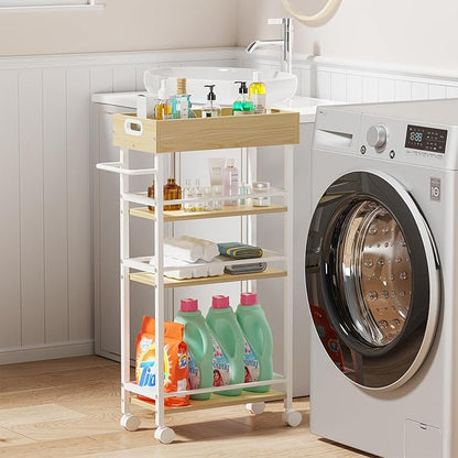 Slim Storage Cart, 4-Tier Small Rolling Cart with Wheels, 8.5" Deep, Narrow Bathroom Shelf Trolley for Kitchen, Bathroom, Laundry Room, White Medium 4-Tier (8.5" W x34.7 H)