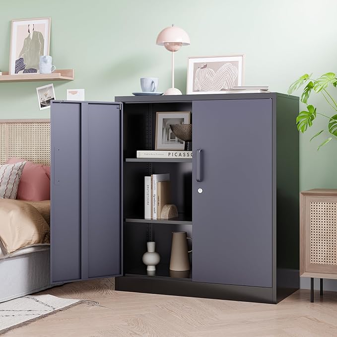 Metal Tool Storage Cabinet with Doors and Adjustable Shelves,Lockable Steel Cabinet for Garage,Home,Office and School Assembly Required(Grey)
