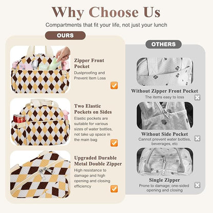 Lunch Box for Women, Cute Corduroy Grid Insulated Lunch Bag Women Reusable Work Leakproof Simple Adults Large Lunch Boxes Tote Bag Men Cooler Bag