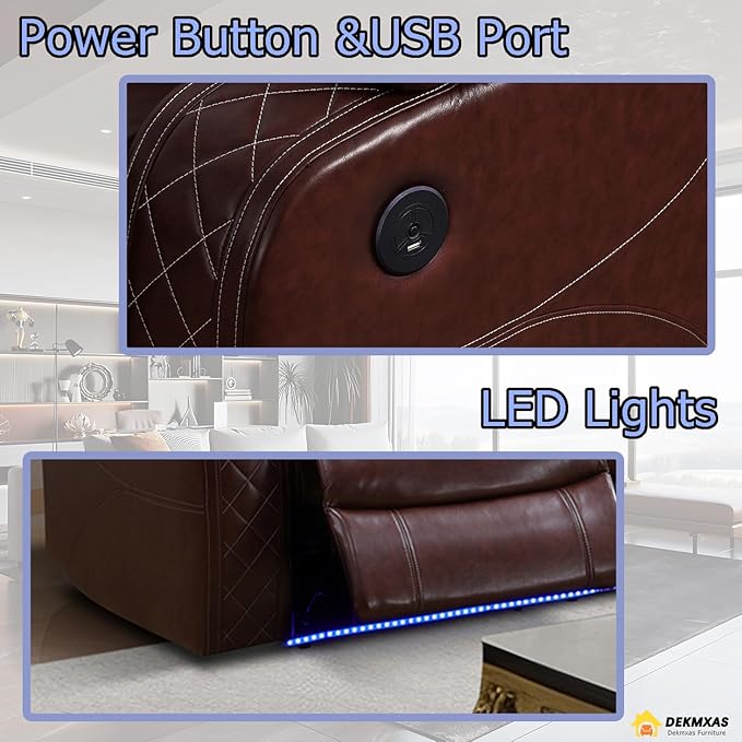 Power Reclining Sofa Set, Leather Recliner, Brown Sectional Power Recliner Living Room Furniture Sets with LED Light, Leather Chair for Living Room Sofa Set for Bedroom/Home/Office