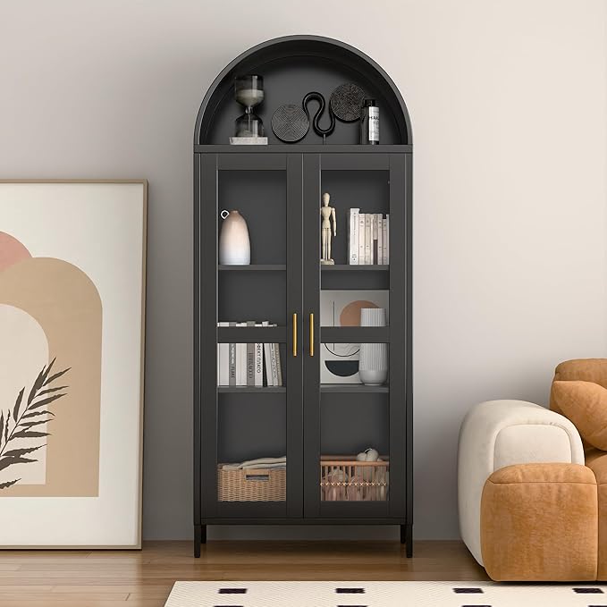 Metal Arched Display Cabinet with Glass Doors,Arch Cabinet with 3 LED Strip and 2 Adjustable Shelves for Home Office,Assembly Required, Black