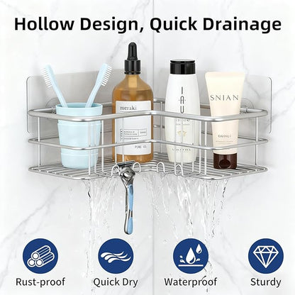 Menbyci 2 Pack Corner Shower Caddy, Adhesive Bathroom Shelf with 8 Hooks, Rustproof Stainless Steel Bathroom Organizer, No Drilling Shower Shelves Basket Wall Storage Rack Shampoo Holder (Silver)