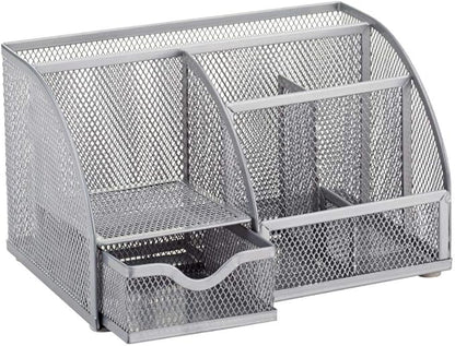 Annova Mesh Desk Organizer Office with 7 Compartments + Drawer/Desk Tidy Candy/Pen Holder/Multifunctional Organizer (Silver)