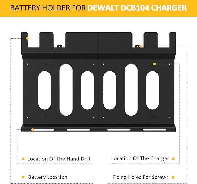 Wall Mount Bracket for DeWalt DCB104 Charger and Battery, Metal Black Rugged 4 Battery Holder and Charger Holder for Tool Room and Garage