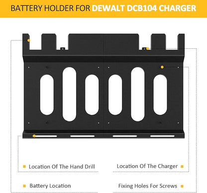 Wall Mount Bracket for DeWalt DCB104 Charger and Battery, Metal Black Rugged 4 Battery Holder and Charger Holder for Tool Room and Garage
