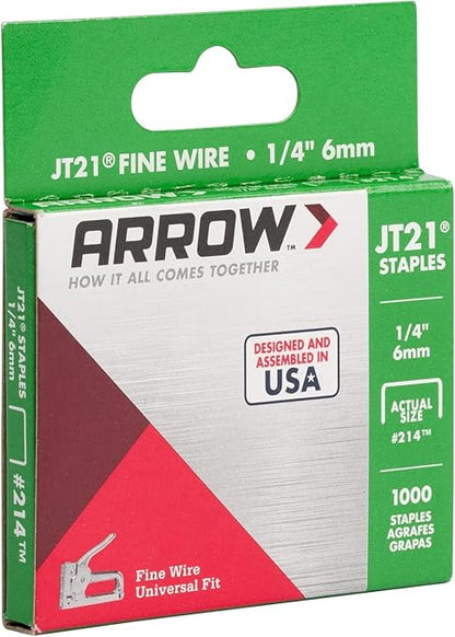 Arrow 214 JT21 Thin Wire Staples for Staple Guns and Staplers, Use for Upholstery, Crafts, General Repairs, 1/4-Inch Leg Length, 7/16-Inch Crown Width, 1000-Pack, Grey