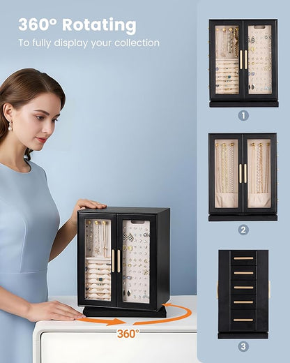 Lolalet Rotating 360° Jewelry Box, Clear Window Jewellery Storage for Earrings Bracelets Necklaces Rings, Large Vertical Organizer for Women, Valentine's Day Gift -Black