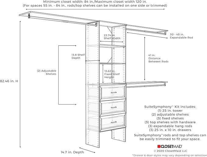 ClosetMaid SuiteSymphony Wood Closet Organizer Kit with Tower, 3 Hang Rods, Top Shelves, 3 Drawers, Adjustable, Fits Spaces 6-10 ft. Wide, Natural Gray