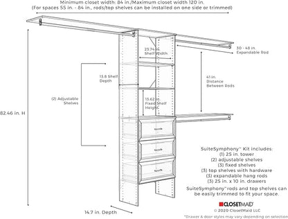 ClosetMaid SuiteSymphony Wood Closet Organizer Kit with Tower, 3 Hang Rods, Top Shelves, 3 Drawers, Adjustable, Fits Spaces 6-10 ft. Wide, Natural Gray