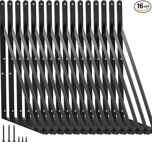 16 Pack L18 x H 12" Black Heavy Duty Shelf Brackets with Screws Metal Shelf Brackets Shelf Support Angle Brackets for Shelves L Brackets Heavy Duty Floating Shelf