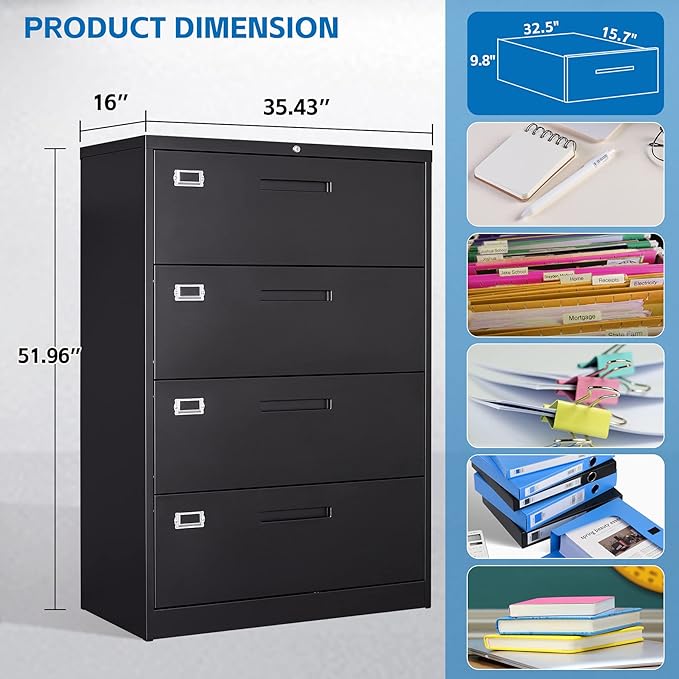 4 Drawer Filing Cabinet with Lock Metal Lateral File Cabinet Office Home Steel Lateral File Cabinet for A4 Legal/Letter Size Wide Metal Cabinet Locked,Assembly Required (4 Drawer, Black)