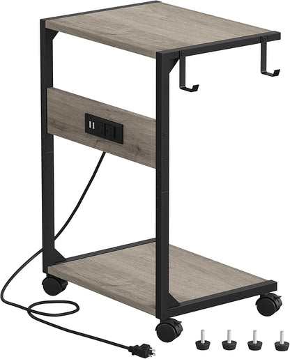 2 Tier Computer Tower Stand with Charging Station, 11.8" D x 16.5" W Rolling Floor PC Tower Stand Fits Under Desk, CPU Holder Cart for Carpet with Hooks, C Shaped End Table for Home Office