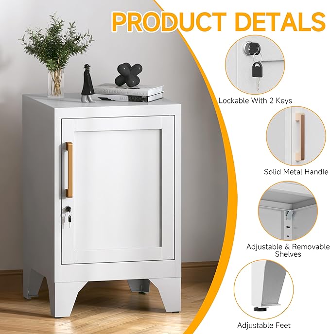 23.6" H Metal Locker Nightstand Set of 2,White Locking Night Stand with Door and Adjustable Shelf, Small Locker Cabinet with Detachable Legs for Home Office,Living Room or Bedroom,Easy Assembly