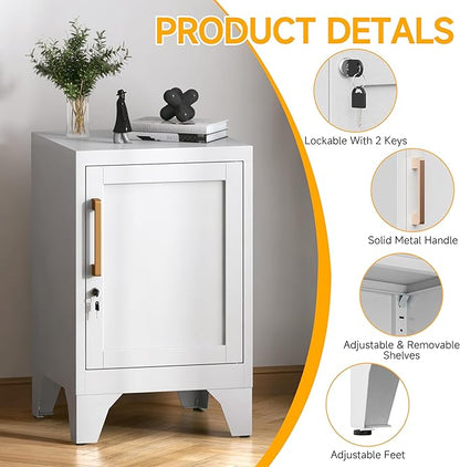 23.6" H Metal Locker Nightstand Set of 2,White Locking Night Stand with Door and Adjustable Shelf, Small Locker Cabinet with Detachable Legs for Home Office,Living Room or Bedroom,Easy Assembly
