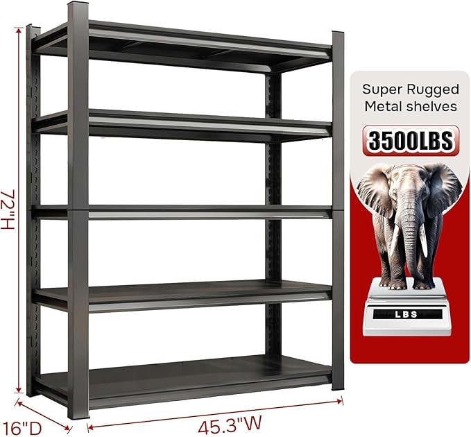 45"W x 16"D Metal Garage Shelving Unit, 3000LBS Storage Shelf, 5-Tier Adjustable Steel Shelving, Garage Storage Shelves for Garage Kitchen Warehouse Pantry Basement, Rust-Resistant, Black, 72 Inch H