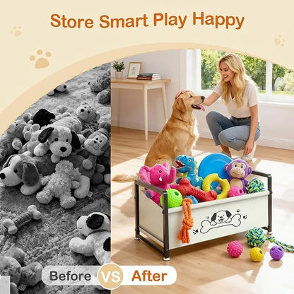 Dog Toy Basket for Storage, Metal Frame Oxford Fabric Pet Toy Organizer with Raised Legs, Large Capacity Dog Toy Bin with Front Low Opening, Washable and Durable Design