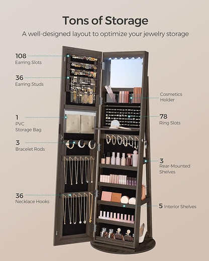 SONGMICS LED Jewelry Cabinet Standing, Lockable Armoire With Full-Length Mirror and Adjustable Lights, Space-Saving Organizer, Gift Idea, Ash Brown UJJC008K02