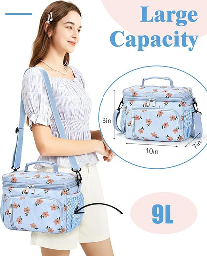 Insulated Lunch Bag for Men & Women, 9L Leakproof Lunch Box Soft Cooler Tote with 5 Pockets, 600D Oxford, EVA Lining, Adjustable Strap for Work, Picnic, Beach&Travel-Corduroy Pink Flower