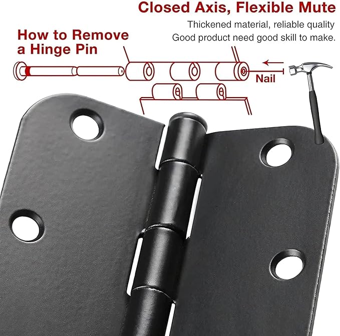 6 Pack Matte Black Interior Door Hinges Round 3.5" x 3.5 Inch 5/8" Radius Heavy-Duty Mat Hinge for Doors Standard Bedroom Work Office Door Hardware Removable Pin,Farm,Shed,Gate,Greenhouse Vent Window