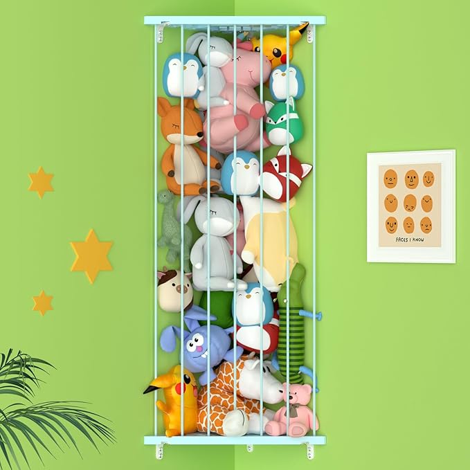 Stuffed Animal Storage Shelf Organizer(Patented) - Corner Stuffed Animal Holder Length Adjustable - Wall Plush Storage for Nursery Playroom Bedroom Kids Room (Macaroon Blue, Standard)